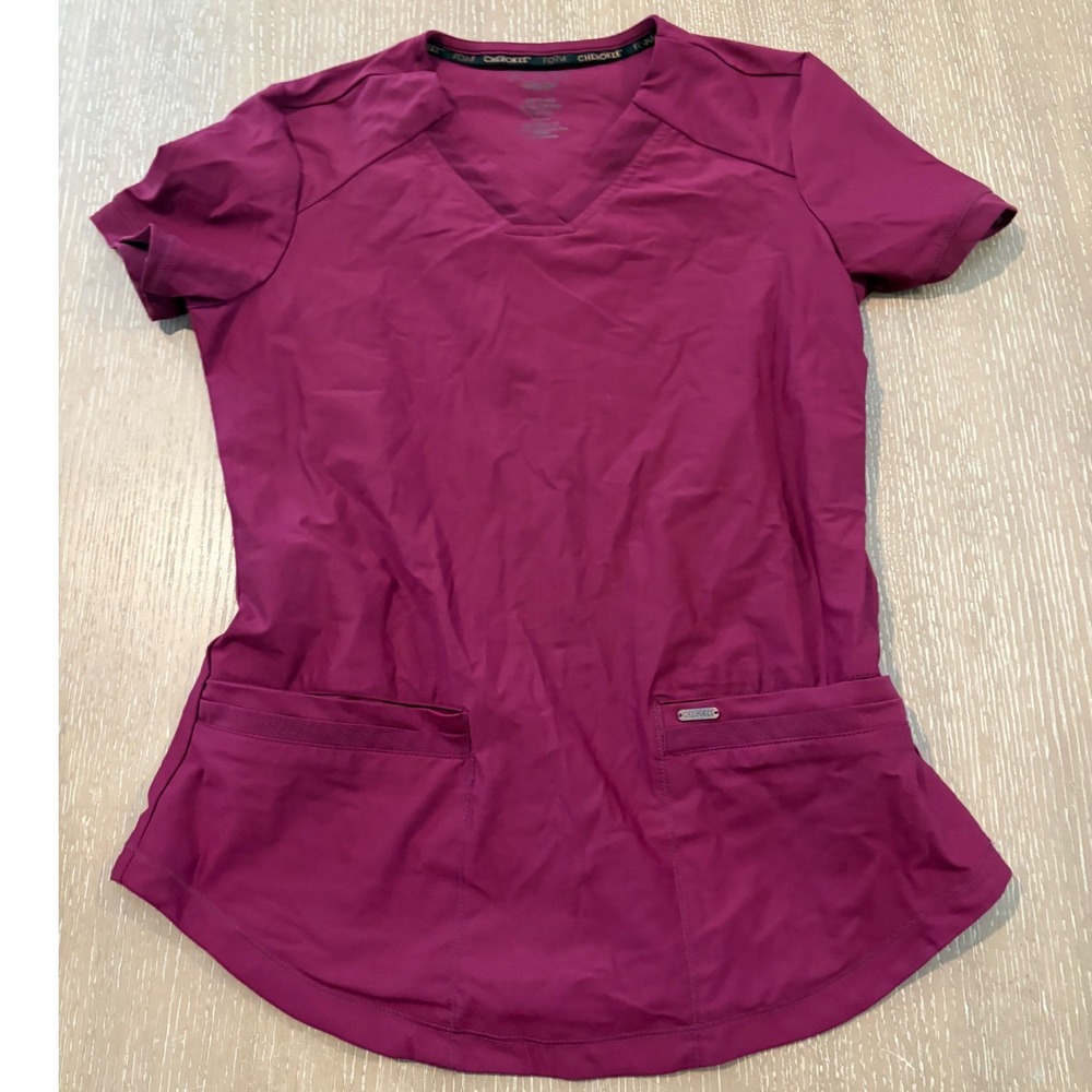 Cherokee Form Women's XS Wine V-Neck Scrub Top Short Sleeve Pockets